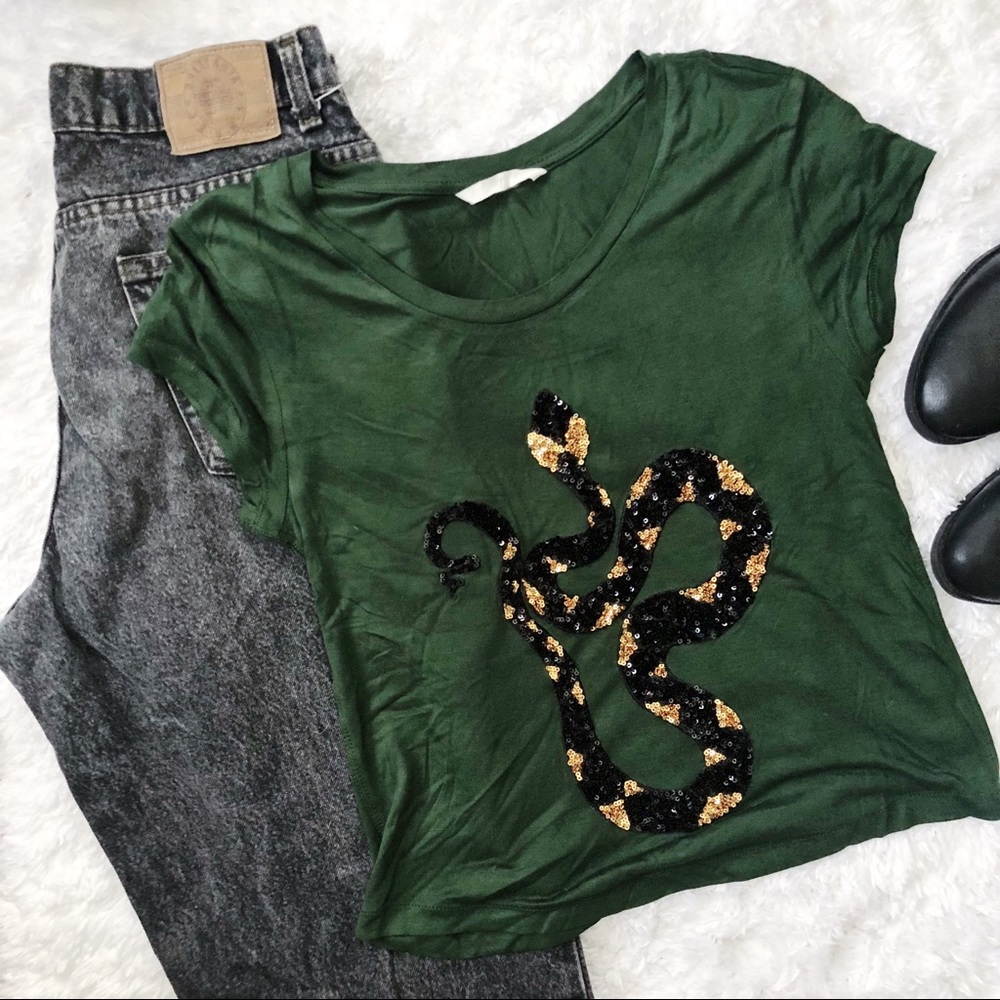 H&M Sequin Serpent Emerald green top